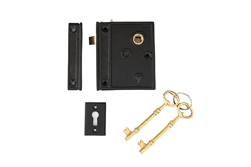 2 3/8" Backset Black Powder Coat Iron Rim Lock - Vintage Style, Secure Latch for Doors & Cabinets - Sturdy, Easy Install, Perfect for Rustic & Industrial Decor