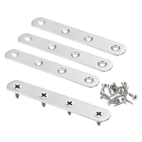 HARFINGTON 4pcs Straight Bracket 4.9" x 0.8" Stainless Steel Flat Fixing Brackets Mending Plate Corner Brace Connector with 16 Screws for Wood Board Bed Frame Furniture Shelves, Silver - size: 4.9" x 0.8"