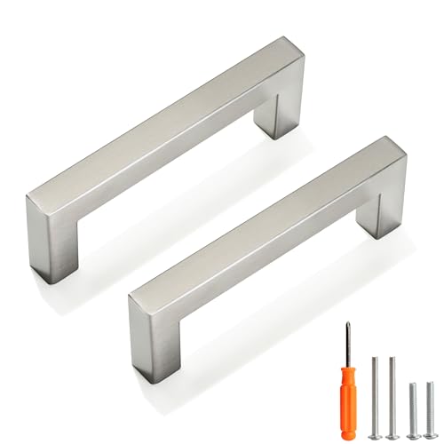Cabinet Pulls Brushed Nickel Cabinet Handles Square Drawer Pulls, 30 Pack 3-3/4 Inch Stainless Steel Kitchen Door Cupboard Cabinet Handles, Cabinet Hardware Drawer Handles, 96mm Hole Centers - color: Brushed Nickel, size: Two Hole - 3-3/4 inch Hole Center