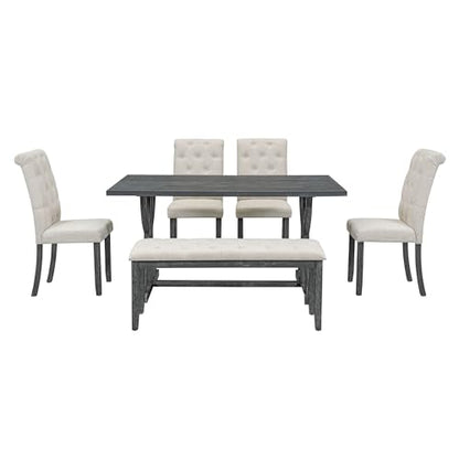 6-Piece Dining Table Set with 4 Upholstered Chairs and Bench, Gray Wash - color: Gray Wash