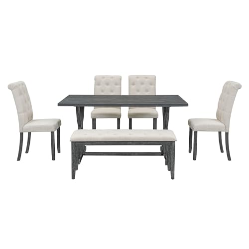 6-Piece Dining Table Set with 4 Upholstered Chairs and Bench, Gray Wash - color: Gray Wash