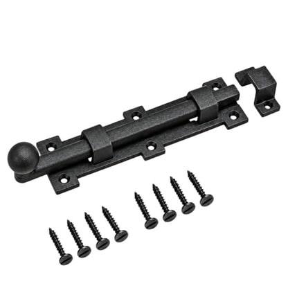 Renovators Supply Manufacturing Slide Bolt Latch 8 3/4 in. Black Wrought Iron Ball Tip Style Slide Bolt with Mounting Hardware - size: Pack of 1, style: 8.75 inch