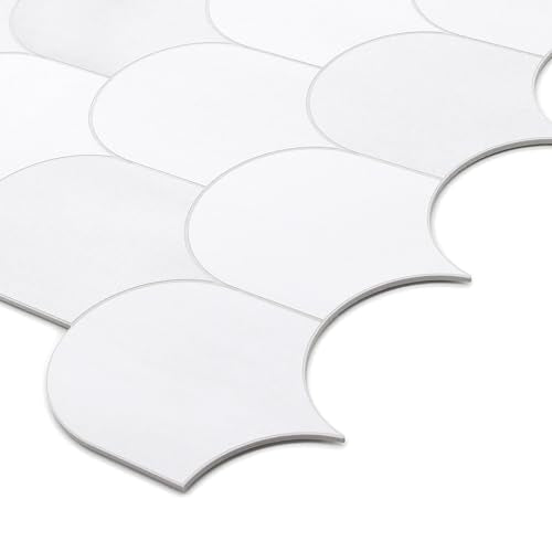 10-Sheet Fish Scale Peel and Stick Backsplash Tile, 11.4" x 10.9" Stone Composite Scallop Handmade Looks Self-Adhesive Wall Tiles for Kitchen Bathroom, White Mixed - color: White Mixed, size: Fish Scale