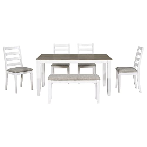 Dining Table Set with 4 Chairs and Bench, 6-Piece, Brown/Whitewash - color: Brown+whitewash