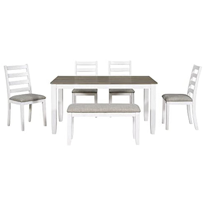 Dining Table Set with 4 Chairs and Bench, 6-Piece, Brown/Whitewash - color: Brown+whitewash
