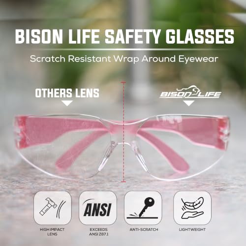 BISON LIFE Clear/Pink Safety Glasses for Men & Women, ANSI Z87.1, 6 Pack - color: Clear/Pink