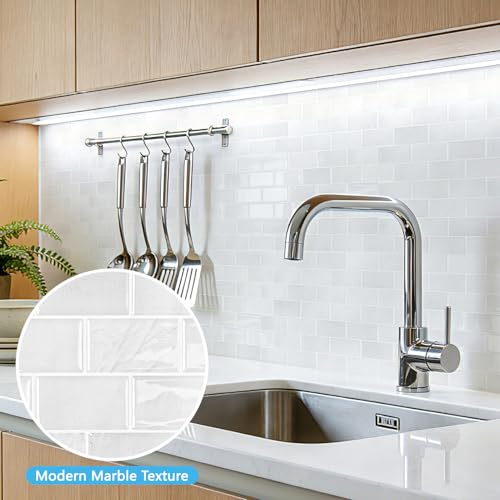 Art3d 10-Pack Subway Peel and Stick Backsplash, White Marble, 12 x 12 Inch - color: White Stone Marble