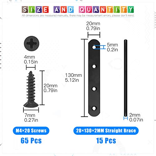 Glarks 15 Sets 130mm Flat Straight Corner Brace Black Metal Joint Plate Connector Repair Fixing Bracket with 65Pcs Screws for Wood Furniture (130x20x3mm) - size: 130x20x3mm