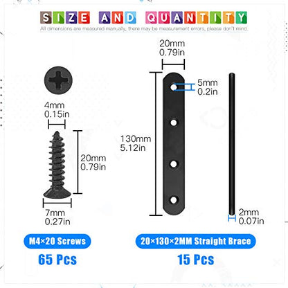 Glarks 15 Sets 130mm Flat Straight Corner Brace Black Metal Joint Plate Connector Repair Fixing Bracket with 65Pcs Screws for Wood Furniture (130x20x3mm) - size: 130x20x3mm