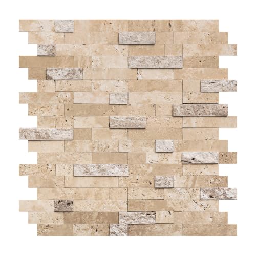 5-Sheet 3D Natural Stone Mosaic Tiles, 12"x11" Peel and Stick Backsplash, Mixed Beige Self Adhesive Wall Tiles for Kitchen Bathroom Fireplace - color: Natural Yellow Travertine