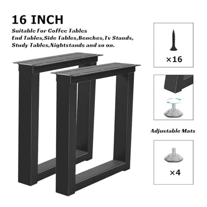 16 Inch Metal Bench Coffee Table Legs, Heavy Duty Desk/Chair Legs,Black Metal End Furniture Legs with Adjustable Protector Feet (H16” x W11.8”, Set of 2) - size: 16 '' Square