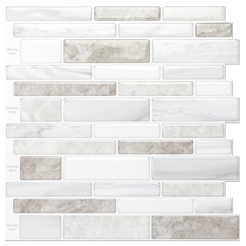LONGKING 10 Sheet Marble Peel and Stick Backsplash for Kitchen,Self-Adhesive Tile Backsplash for Kitchen, Bathroom, 12" x 12", (Beige & White) - color: Beige, size: 12 inches x 12 inches