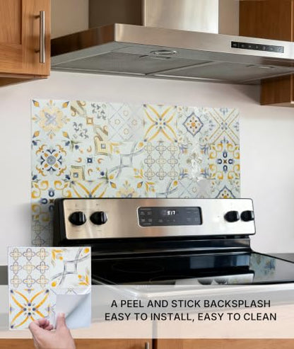Peel and Stick Tile Stickers, 6 Sheets 9 x 9 Inch Waterproof Vinyl Tile Decals, Mediterranean Boho Self Adhesive Backsplash Stickers for Kitchen, Bathroom, Fireplace, RV - color: Bold Blue, Gold & White