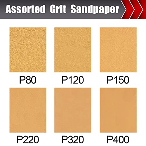 BOSHCRAFT 50 Pcs 1/4 Sheet Sand Paper 5.5" x 4.5" – 80/150/320/400 Grit 8 Sheets Each, 120/220 Grit 9 Sheets Each, Premium Aluminum Oxide Sandpaper Assortment for Wood Metal Automotive Palm Sanders - size: 50 Pcs