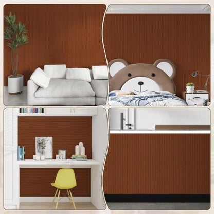 Yun-aeon Peel and Stick Slat Wall Panel 15.75"X118" PVC Self-Adhesive Thick Medium Walnut Wood Grain Wallpaper Panel 3D Soundproof Wall Panels for Walls - color: Walnut 15.7*118in