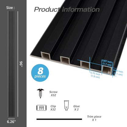 Art3d 96 x 6 Inch WPC Wood Diffuser Slat Wall Panel, 8-Pack, Matte Black - color: Matte Black, size: 96*6