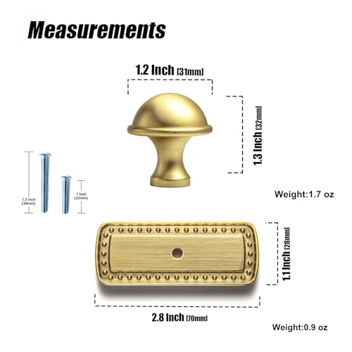6 Pack Brushed Gold Cabinet Knobs with Backplate Round knob - color: Brushed Gold, style: Beadedge