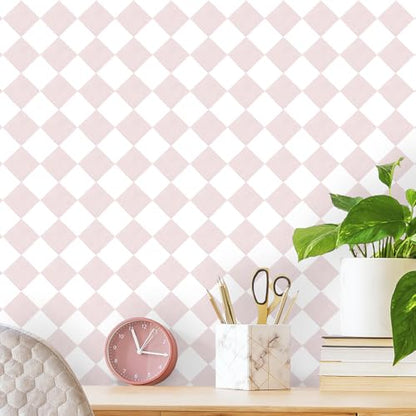 Safiyya 196"x 17.3" Pink and White Checkered Wallpaper Geometric Funky Peel and Stick Wallpaper Self Adhesive Removable Contact Paper Pink Check Wall Paper for Bedroom - color: Pink, size: 17.3" x 196"