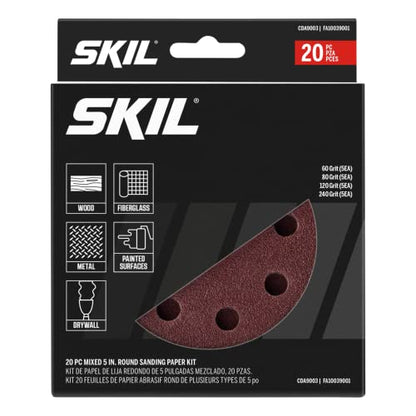 SKIL 20-Piece Mixed 5 in. 60/80/120/240 Grits Round Sanding Paper Kit for SKIL Sanders SR211601/SR6604B-10/SR660302 - CDA9003 - style: Orbital Sanding Paper (20pc)
