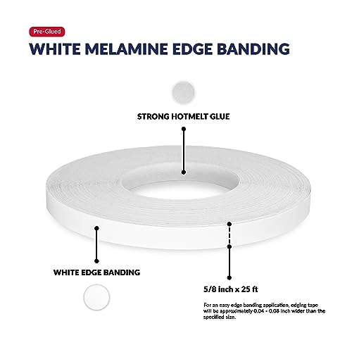 UNMAR White Edge Banding Melamine Iron On Tape Adhesive Wood Board Edging Strips Veneer Trim Laminate Cabinet Furniture MDF Plywood Formica Shelf Stick Countertop (1, White, 5/8 in x 25 ft) - size: 5/8 in x 25 ft
