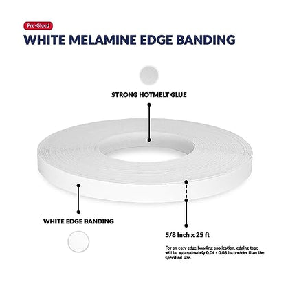 UNMAR White Edge Banding Melamine Iron On Tape Adhesive Wood Board Edging Strips Veneer Trim Laminate Cabinet Furniture MDF Plywood Formica Shelf Stick Countertop (1, White, 5/8 in x 25 ft) - size: 5/8 in x 25 ft