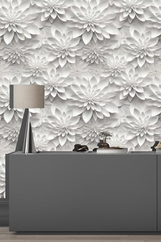 White Gray Lotus Floral Peel and Stick Wallpaper Visual 3D Effect - color: White& Gray, size: 17.7" x 118"