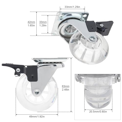 2 Inch Caster Wheels Set of 8, Crystal Swivel Casters with Brake