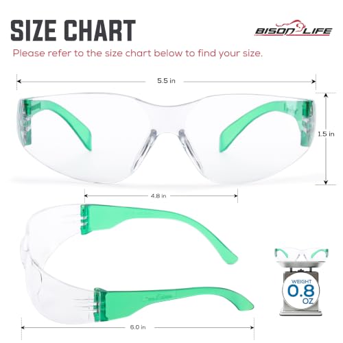 BISON LIFE Clear/Green Safety Glasses for Men & Women, ANSI Z87.1, 6 Pack - color: Clear/Green