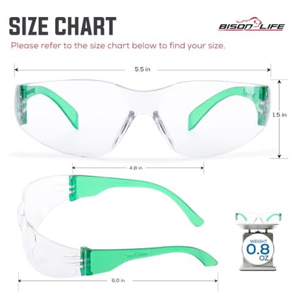 BISON LIFE Clear/Green Safety Glasses for Men & Women, ANSI Z87.1, 6 Pack - color: Clear/Green