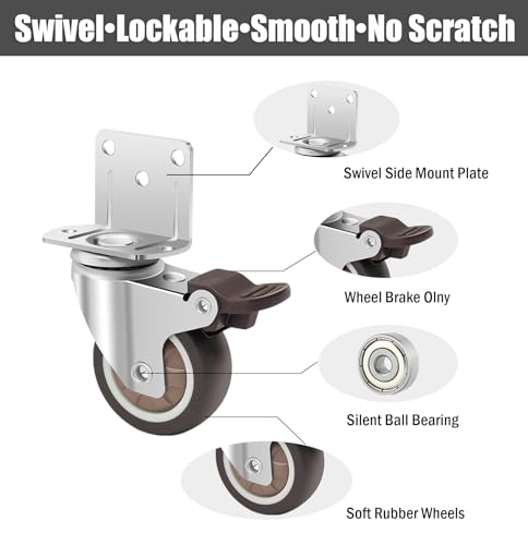 Side Mount Casters 2 Inch L-Shaped Rubber Swivel Small Caster Wheels