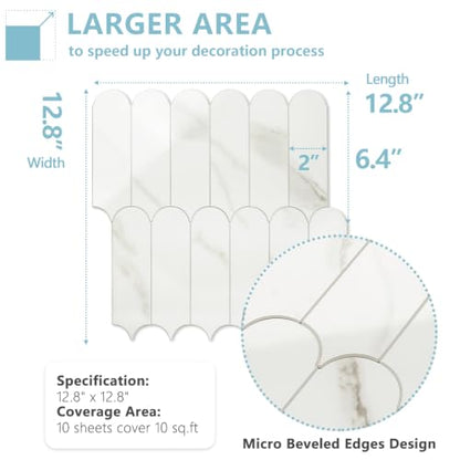Vamos Tile Fish Scale Peel and Stick Backsplash Tile - color: Glossy White Marble