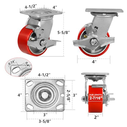 Caster Wheels Heavy Duty, 4'' Industrial Casters with Load 3200lbs Capacity, Polyurethane Swivel Casters Set of 4 (2 Brakes & Rigid) - style: 4'' Wheel