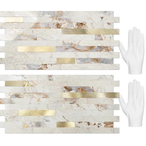 STICKGOO 20 Sheets Peel and Stick Backsplash Tile, Stick on Backsplash for Kitchen and Bathroom, Pandora Marble Look PVC Mixed Metal Gold Self Adhesive Wall Tiles - color: Pandora Marble + Metal Gold