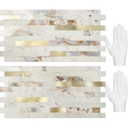 STICKGOO 20 Sheets Peel and Stick Backsplash Tile, Stick on Backsplash for Kitchen and Bathroom, Pandora Marble Look PVC Mixed Metal Gold Self Adhesive Wall Tiles - color: Pandora Marble + Metal Gold