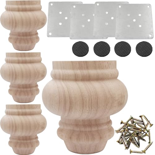 4'' Furniture Legs Wooden Unfinished Bun Feet for Sofa, Chair, Loveseat, Ottoman, Dresser Foot Set of 4