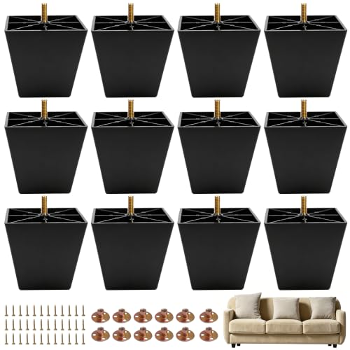 FabricJoy 12 Pack 4 Inch Plastic Furniture Legs Square Sofa Couch Legs Replacement Tapered Feet with M8 T-Nuts Screws for Legs Sofas Table Chairs Cabinets Dressers Beds - size: 4 inch