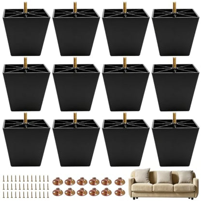 FabricJoy 12 Pack 4 Inch Plastic Furniture Legs Square Sofa Couch Legs Replacement Tapered Feet with M8 T-Nuts Screws for Legs Sofas Table Chairs Cabinets Dressers Beds - size: 4 inch