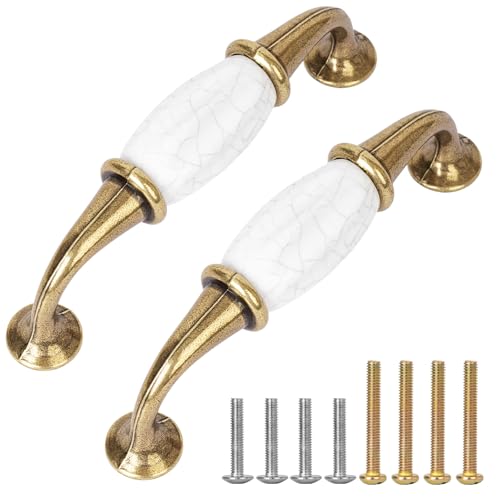 Retro Ceramics Cabinet Handles, French Style 2 Pcs White Ceramic Zinc Alloy Pulls with Screws for Cupboards Wardrobe Drawer Dresser, 3.77" Inch Center to Center Spacing