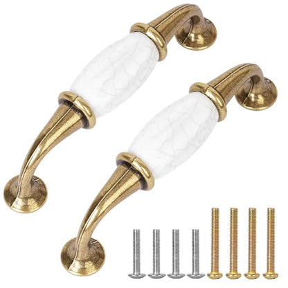 Retro Ceramics Cabinet Handles, French Style 2 Pcs White Ceramic Zinc Alloy Pulls with Screws for Cupboards Wardrobe Drawer Dresser, 3.77" Inch Center to Center Spacing