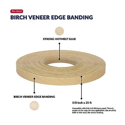 Birch Edge Banding 5/8 inch x 25 feet Wood Veneer Pre Glued Adhesive Edging Trim Band Tape Iron On Flexible Strip Roll Laminate Cabinate Countertop Furniture Shelf MDF Board Paintable Edgebanding - size: 5/8 in x 25 ft