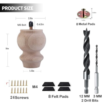 3 Inch Wooden Unfinished Bun Feet for Dresser Legs Couch Sofa Cabinet Ottoman DIY Replacement Wood Furniture Legs Set of 8 M8 Bolt Screw in (3”)