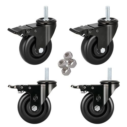 Stem Caster Wheels 4” with Safety Dual Locking Heavy Duty Threaded Casters No Noise Swivel Castors with Brakes 1200 Lbs Load Capacity 1/2”-13x1.5” - style: 4 inch 1/2”-13x1-1/2”