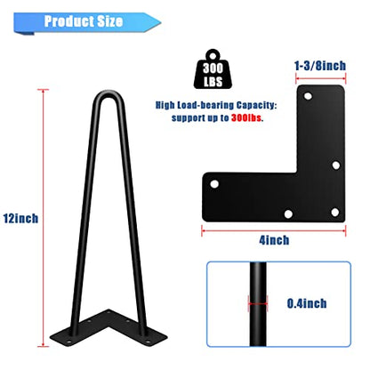 Hairpin Legs 12", Black Metal Furniture Legs for Table Bench, Set of 4 - size: 12inch