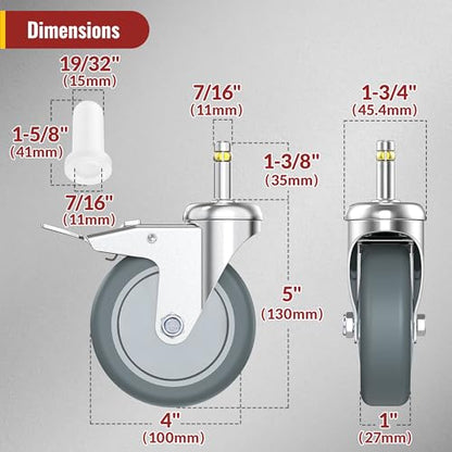 HOLKIE Stem Caster Wheels 4 inch Locking Casters Set of 4, 7/16-Inch Stem Diameter Swivel Castor Heavy Duty TPR Rubber Replacement Castors for Cart, Stool, Mop Bucket, Grill, Shop Vac - style: 4 inch-205LBS (With Brake)