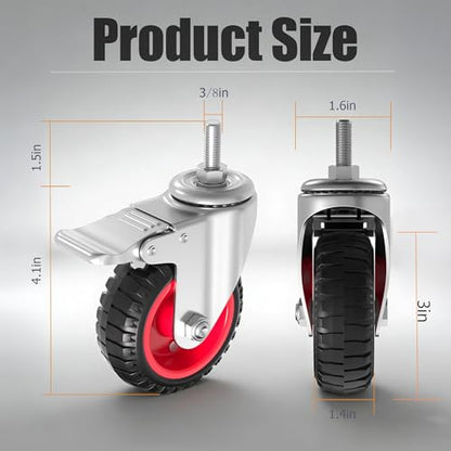 3 inch Threaded Stem Casters Wheels 3/8",Set of 4 Heavy Duty - size: 3IN-3/8-4packs