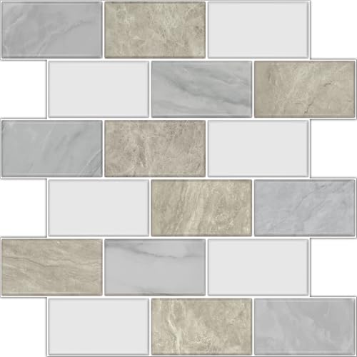 10 Sheets Peel and Stick Backsplash for Kitchen 12"X12" Renter Friendly Backsplash Back Splash Adhesive Subway Wall for Bathroom Cream White & Light Gray Marble Tile Sticker（Not 3D Tile