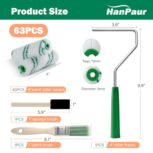 4 Inch Microfiber Paint Roller Kit, 60 Piece, 3/8" Nap - size: 4 Inch Microfiber Paint Roller Kit, 63 Pack