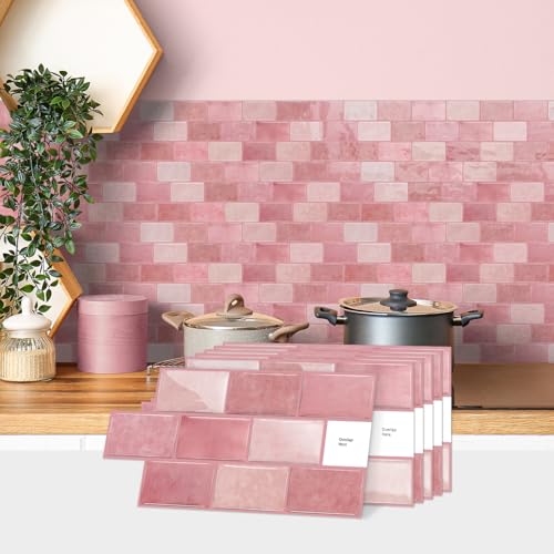 Alwayspon 6x12inchx10Pcs Self Adhesive Wall Tile Sticker, Peel and Stick Adhesive Waterproof Backsplash Stick on Tile Decals for Kitchen Bathroom Wall, Pink - color: Pink