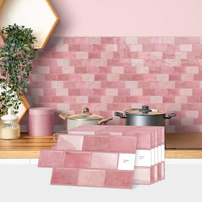 Alwayspon 6x12inchx10Pcs Self Adhesive Wall Tile Sticker, Peel and Stick Adhesive Waterproof Backsplash Stick on Tile Decals for Kitchen Bathroom Wall, Pink - color: Pink