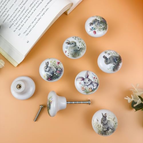 8Pack1.5 Rabbit with Flowers Ceramics Handle Knob Cute Safari Animal Decor Cabinet Dresser Drawer Knobs and Pulls